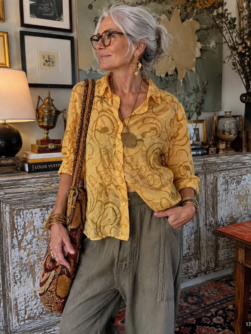Sheer VIntage Elementz Yellow Burnout Blouse, XL